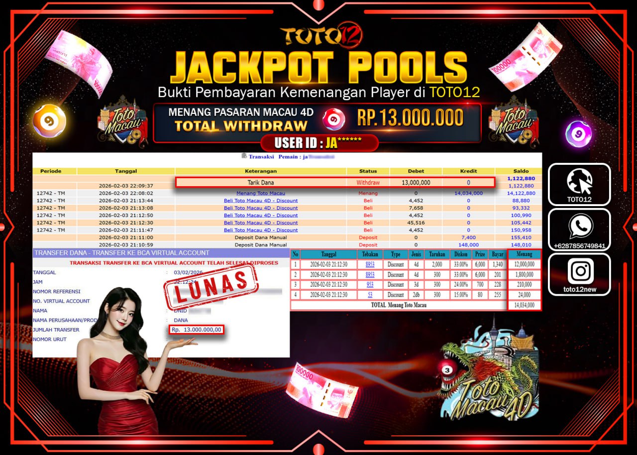 HANYA DI TOTO12 JP PASTI DI BAYAR LUNAS DAN CEPAT!!!!!! JACKPOT POOLS PASARAN (MACAU 4D) Rp.13.000.000 !!!!