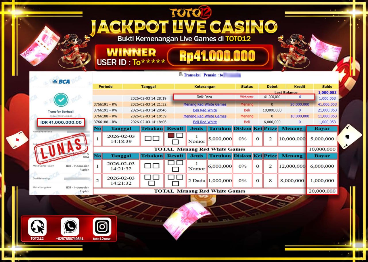 HANYA DI TOTO12 JP PASTI DI BAYAR LUNAS DAN CEPAT!!!!!! JACKPOT LIVE CASINO (RED WHITE) Rp.41.000.000 !!!!