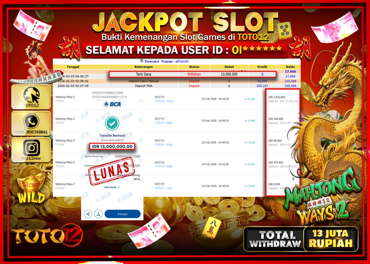 HANYA DI TOTO12 JP PASTI DI BAYAR LUNAS DAN CEPAT!!!!!! JACKPOT SLOT GAME (MAHJONG WAYS 2) Rp.13.000.000!!!!