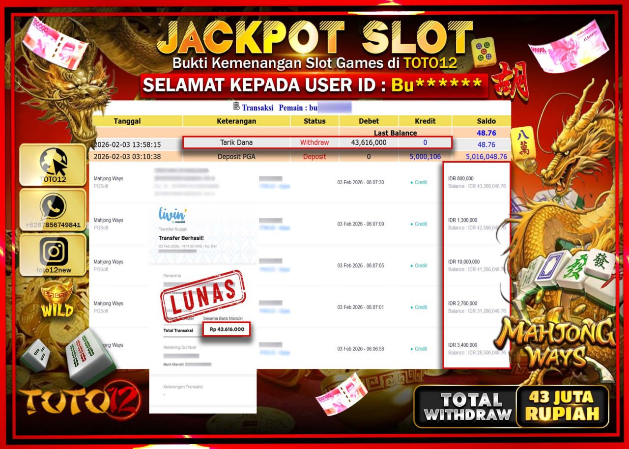 HANYA DI TOTO12 JP PASTI DI BAYAR LUNAS DAN CEPAT!!!!!! JACKPOT SLOT GAME (MAHJONG WAYS) Rp.43.616.000 !!!!