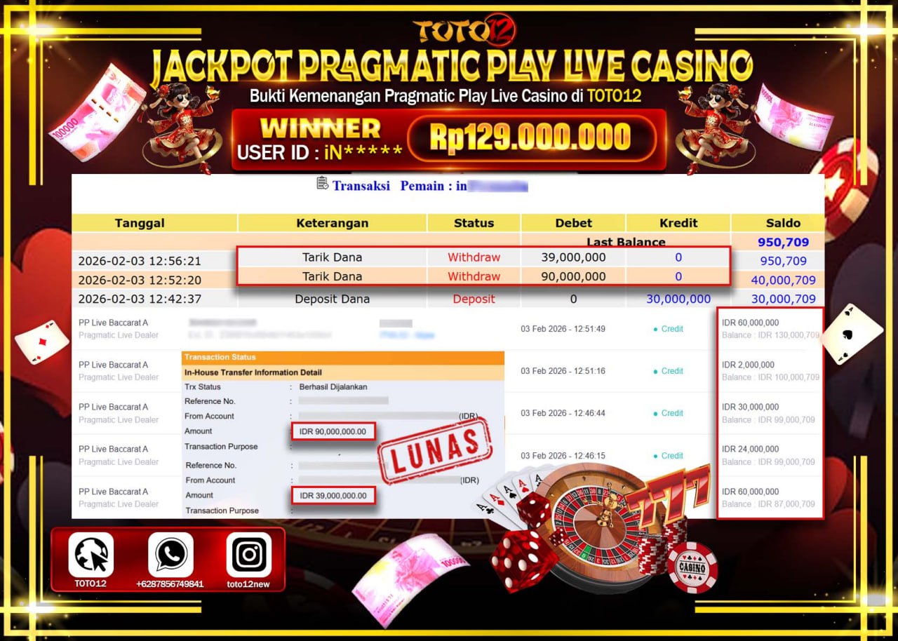 HANYA DI TOTO12 JP PASTI DI BAYAR LUNAS DAN CEPAT!!!!!! JACKPOT PRAGMATIC PLAY LIVE CASINO (LIVE BACCARAT) Rp.129.000.000 !!!!