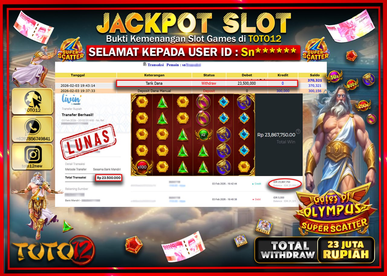 HANYA DI TOTO12 JP PASTI DI BAYAR LUNAS DAN CEPAT!!!!!! JACKPOT SLOT GAME (GATES OF OLYMPUS SUPER SCATTER) Rp.23.500.000 !!!!