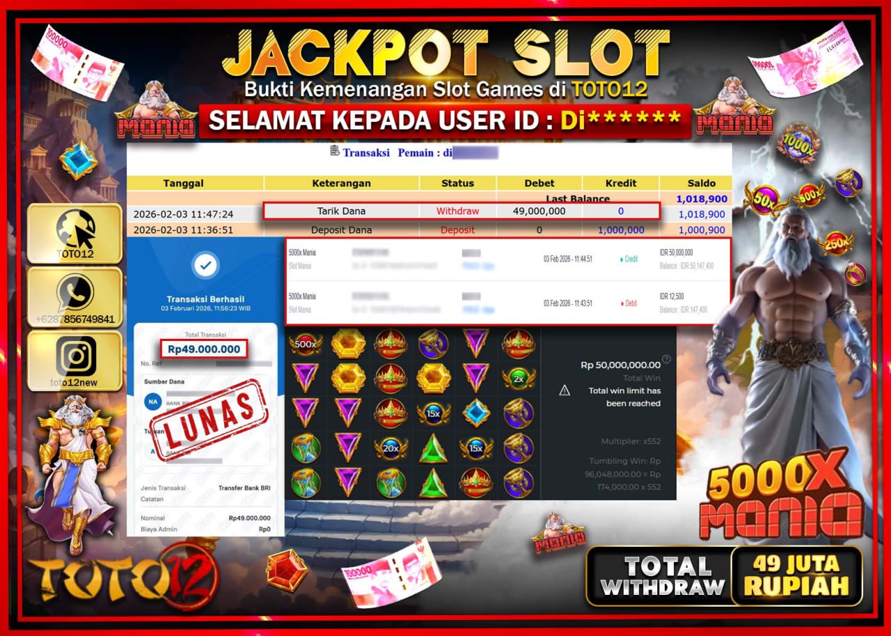 HANYA DI TOTO12 JP PASTI DI BAYAR LUNAS DAN CEPAT!!!!!! JACKPOT SLOT GAME (5000X MANIA) Rp.49.000.000 !!!!