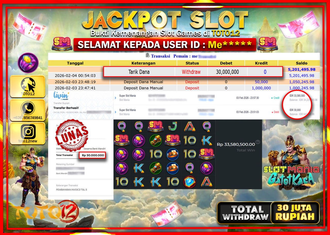 HANYA DI TOTO12 JP PASTI DI BAYAR LUNAS DAN CEPAT!!!!!! JACKPOT SLOT GAME (SLOT MANIA GATOT KACA) Rp.30.000.000 !!!!