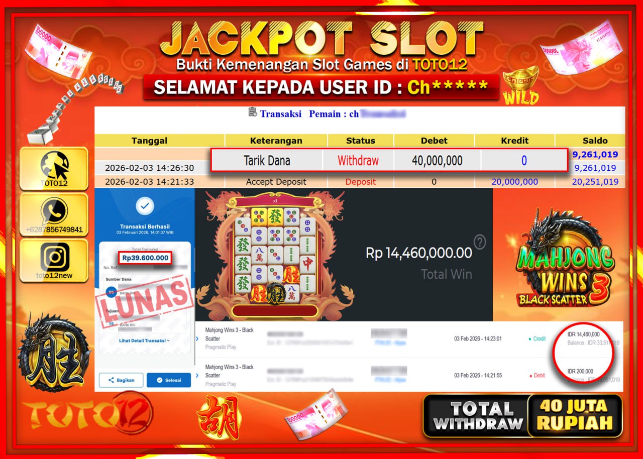 HANYA DI TOTO12 JP PASTI DI BAYAR LUNAS DAN CEPAT!!!!!! JACKPOT SLOT GAME (MAHJONG WINS 3 BLACK SCATTER) Rp.40.000.000 !!!!