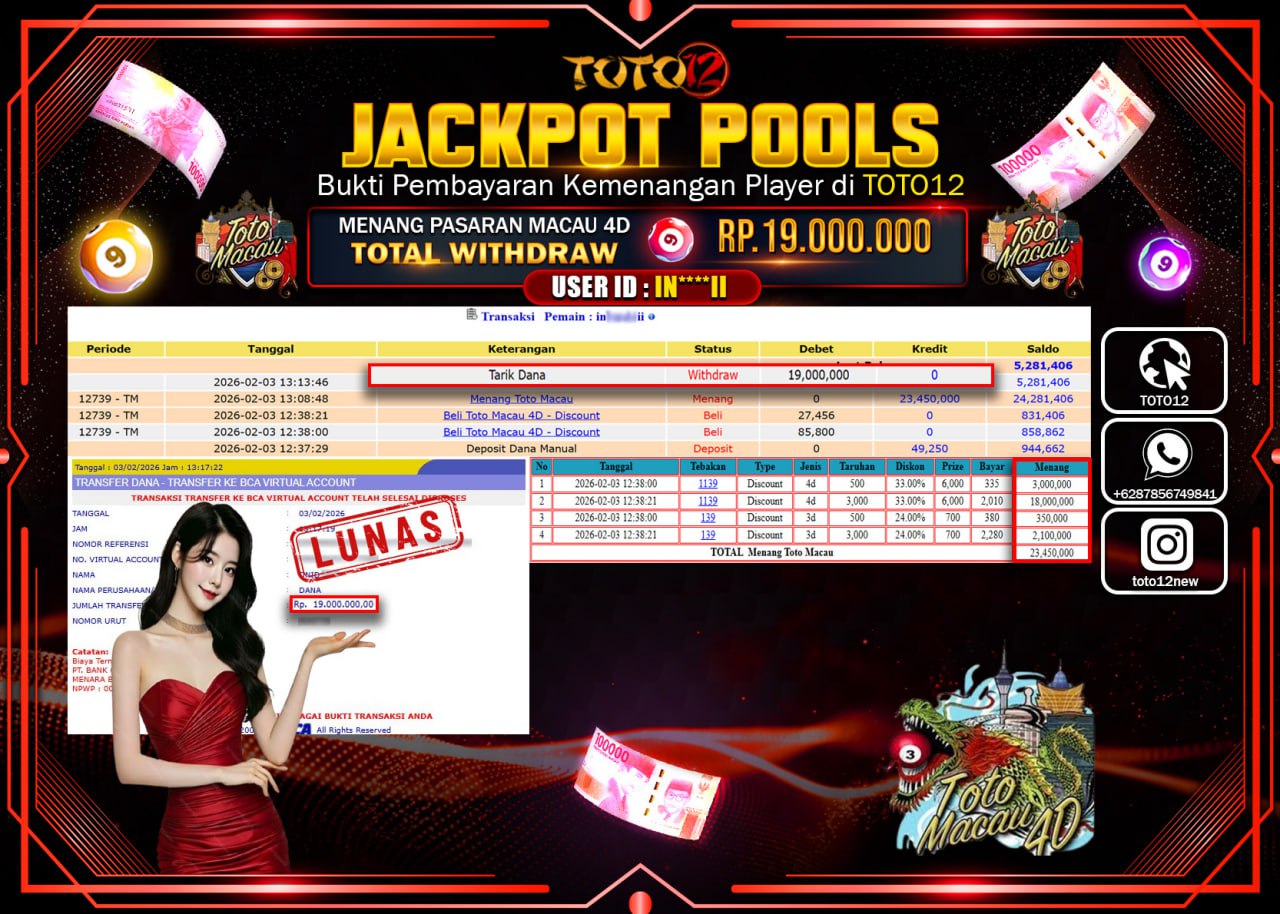 HANYA DI TOTO12 JP PASTI DI BAYAR LUNAS DAN CEPAT!!!!!! JACKPOT POOLS PASARAN (MACAU 4D) Rp.19.000.000 !!!!