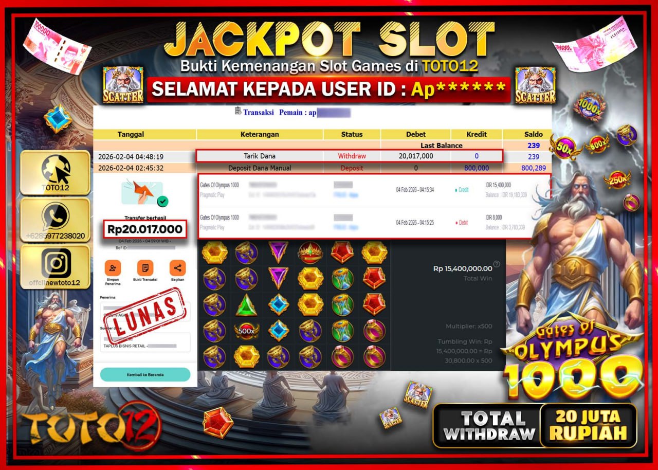 HANYA DI TOTO12 JP PASTI DI BAYAR LUNAS DAN CEPAT!!!!!! JACKPOT SLOT GAME (GATES OF OLYMPUS 1000) Rp.20.017.000 !!!!