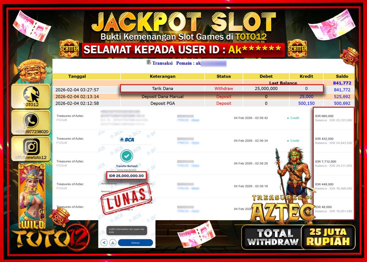 HANYA DI TOTO12 JP PASTI DI BAYAR LUNAS DAN CEPAT!!!!!! JACKPOT SLOT GAME (TREASURES OF AZTEC) Rp.25.000.000 !!!!