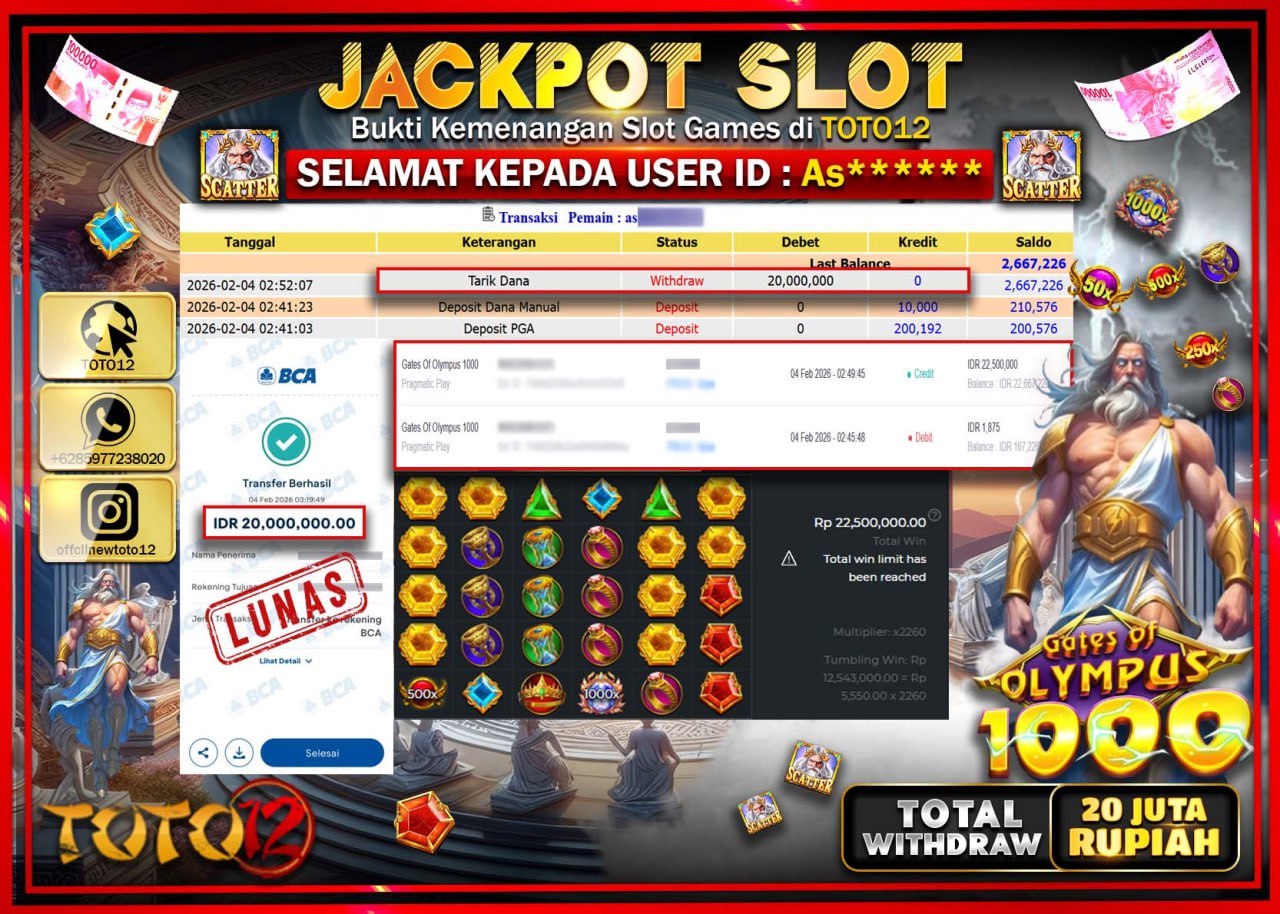 HANYA DI TOTO12 JP PASTI DI BAYAR LUNAS DAN CEPAT!!!!!! JACKPOT SLOT GAME (GATES OF OLYMPUS 1000) Rp.20.000.000 !!!!