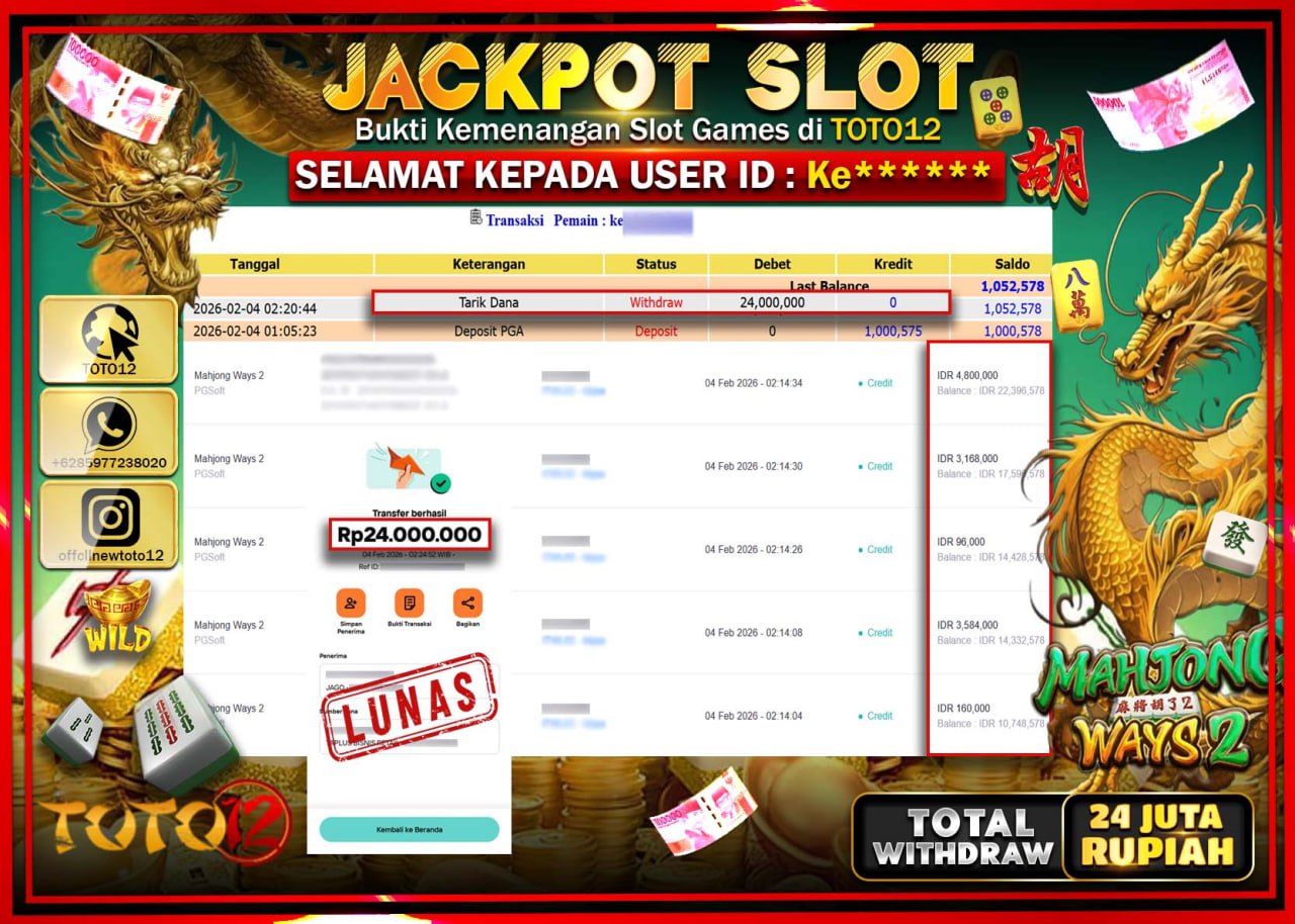 HANYA DI TOTO12 JP PASTI DI BAYAR LUNAS DAN CEPAT!!!!!! JACKPOT SLOT GAME (MAHJONG WAYS 2) Rp.24.000.000 !!!!