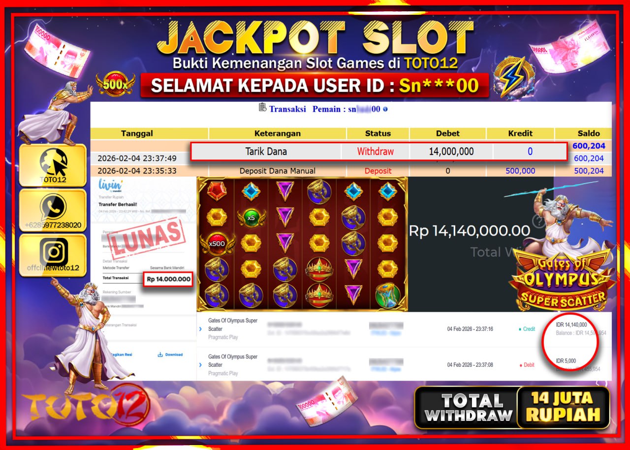 HANYA DI TOTO12 JP PASTI DI BAYAR LUNAS DAN CEPAT!!!!!! JACKPOT SLOT GAME (GATES OF OLYMPUS SUPER SCATTER) Rp.14.000.000 !!!!