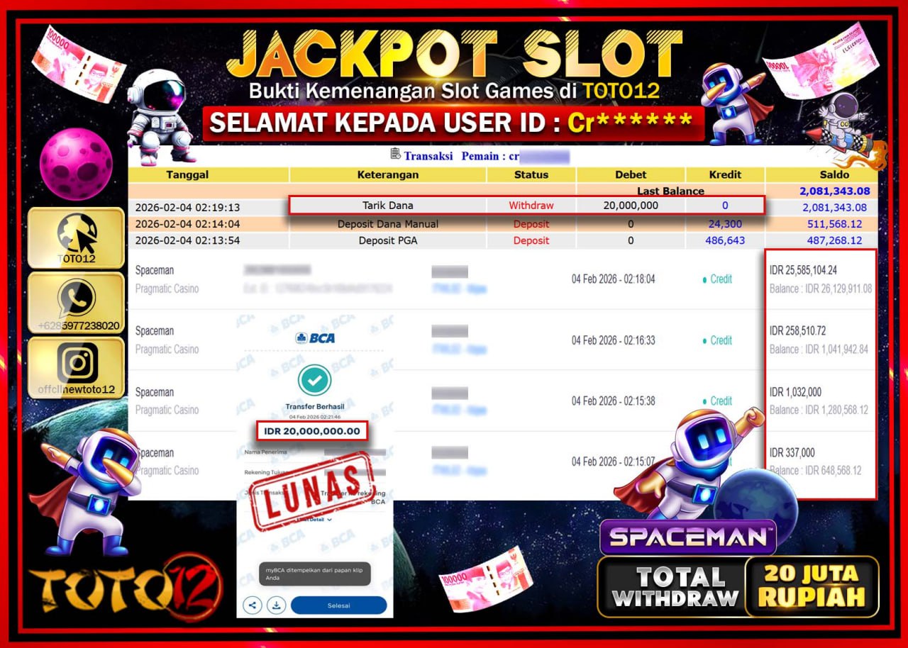 HANYA DI TOTO12 JP PASTI DI BAYAR LUNAS DAN CEPAT!!!!!! JACKPOT SLOT GAME (SPACEMAN) Rp.20.000.000 !!!!