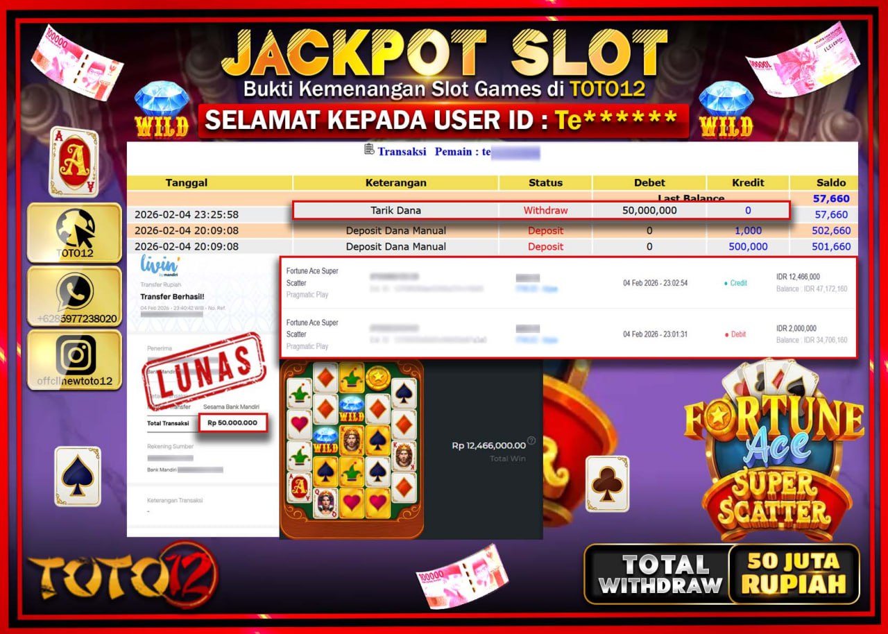 HANYA DI TOTO12 JP PASTI DI BAYAR LUNAS DAN CEPAT!!!!!! JACKPOT SLOT GAME (FORTUNE ACE SUPER SCATTER) Rp.50.000.000 !!!!