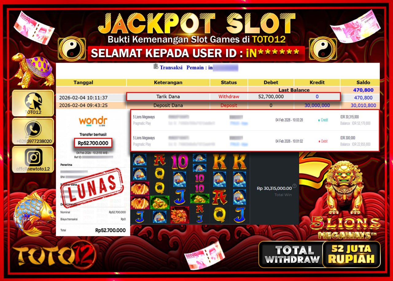 HANYA DI TOTO12 JP PASTI DI BAYAR LUNAS DAN CEPAT!!!!!! JACKPOT SLOT GAME (5 LIONS MEGAWAYS) Rp.52.700.000 !!!!