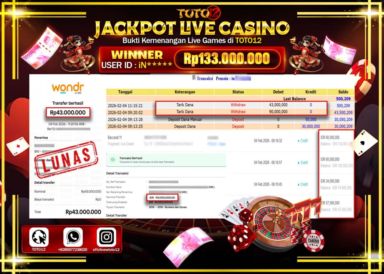 HANYA DI TOTO12 JP PASTI DI BAYAR LUNAS DAN CEPAT!!!!!! JACKPOT PRAGMATIC PLAY LIVE CASINO (SPEED BACCARAT) Rp.170.000.000 !!!!