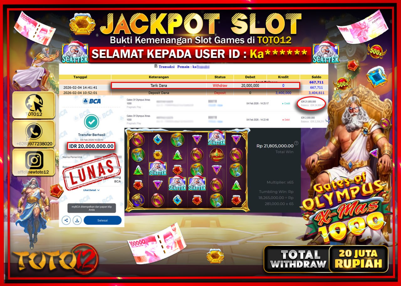 HANYA DI TOTO12 JP PASTI DI BAYAR LUNAS DAN CEPAT!!!!!! JACKPOT SLOT GAME (GATES OF OLYMPUS X MAS 1000) Rp.20.000.000 !!!!