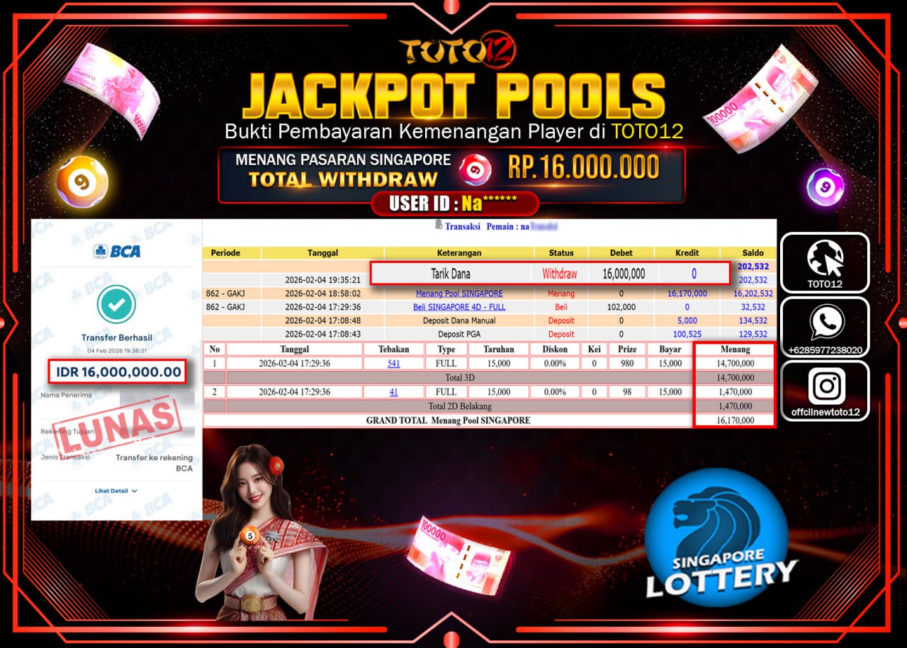 HANYA DI TOTO12 JP PASTI DI BAYAR LUNAS DAN CEPAT!!!!!! JACKPOT POOLS PASARAN (SINGAPORE) Rp.16.000.000 !!!!
