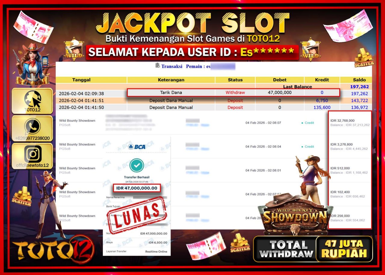 HANYA DI TOTO12 JP PASTI DI BAYAR LUNAS DAN CEPAT!!!!!! JACKPOT SLOT GAME (WILD BOUNTY SHOWDOWN) Rp.47.000.000 !!!!