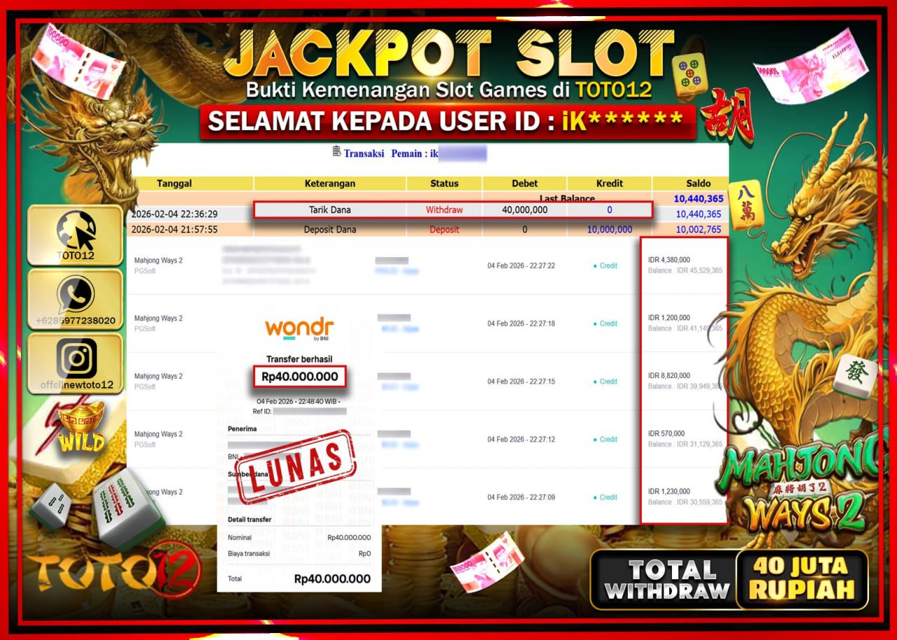 HANYA DI TOTO12 JP PASTI DI BAYAR LUNAS DAN CEPAT!!!!!! JACKPOT SLOT GAME (MAHJONG WAYS 2) Rp.40.000.000 !!!!