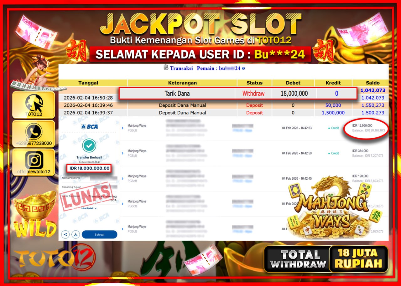 HANYA DI TOTO12 JP PASTI DI BAYAR LUNAS DAN CEPAT!!!!!! JACKPOT SLOT GAME (MAHJONG WAYS) Rp.18.000.000 !!!!