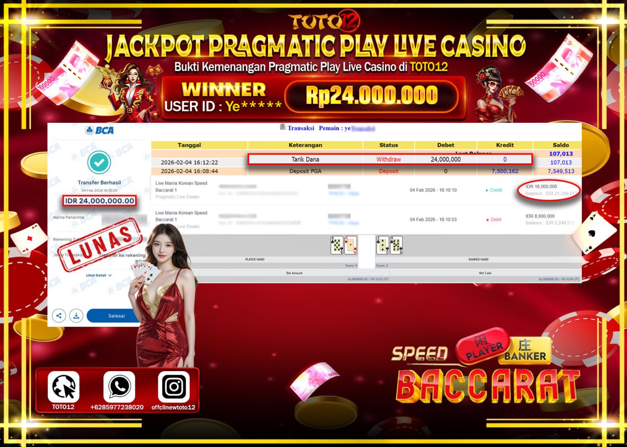HANYA DI TOTO12 JP PASTI DI BAYAR LUNAS DAN CEPAT!!!!!! JACKPOT PRAGMATIC PLAY LIVE CASINO (KOREAN SPEED BACCARAT) Rp.24.000.000 !!!!