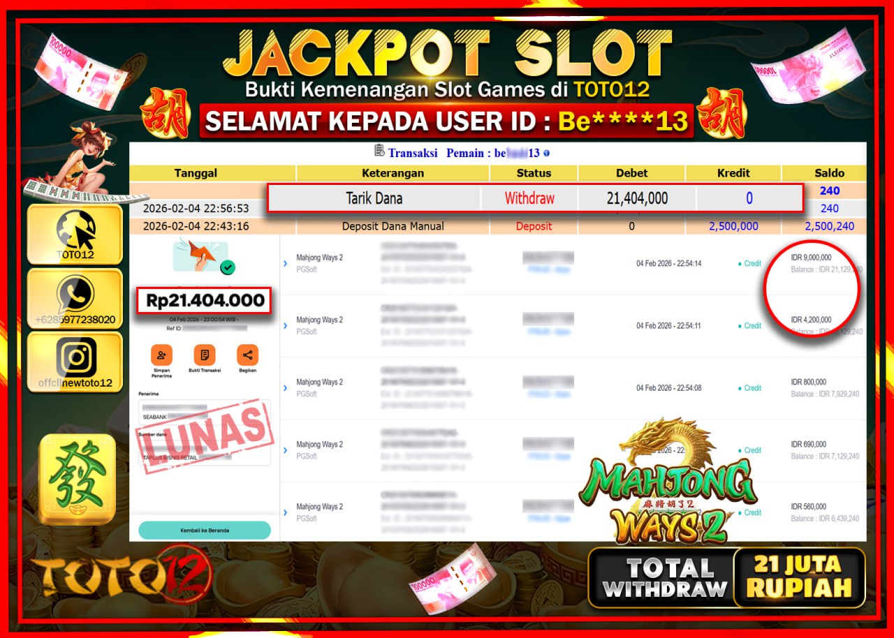 HANYA DI TOTO12 JP PASTI DI BAYAR LUNAS DAN CEPAT!!!!!! JACKPOT SLOT GAME (MAHJONG WAYS 2) Rp.21.404.000 !!!!