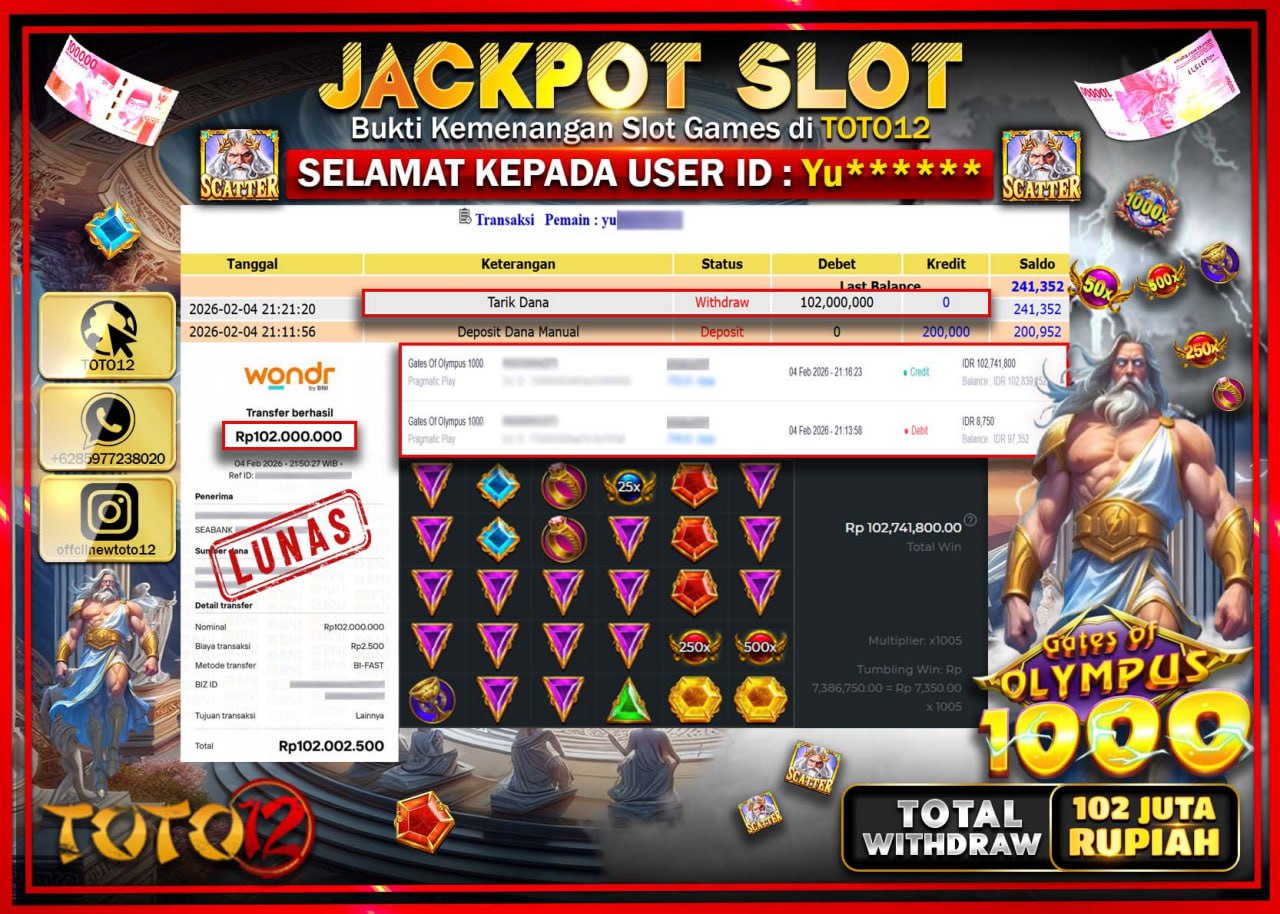 HANYA DI TOTO12 JP PASTI DI BAYAR LUNAS DAN CEPAT!!!!!! JACKPOT SLOT GAME (GATES OF OLYMPUS 1000) Rp.102.000.000 !!!!