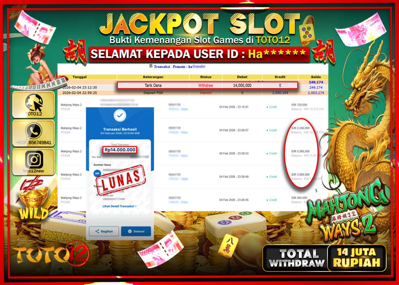 HANYA DI TOTO12 JP PASTI DI BAYAR LUNAS DAN CEPAT!!!!!! JACKPOT SLOT GAME (MAHJONG WAYS 2) Rp.14.000.000 !!!!