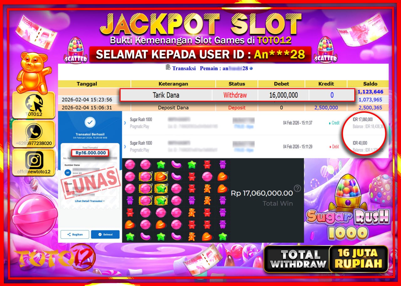HANYA DI TOTO12 JP PASTI DI BAYAR LUNAS DAN CEPAT!!!!!! JACKPOT SLOT GAME (SUGAR RUSH 1000) Rp.16.000.000 !!!!