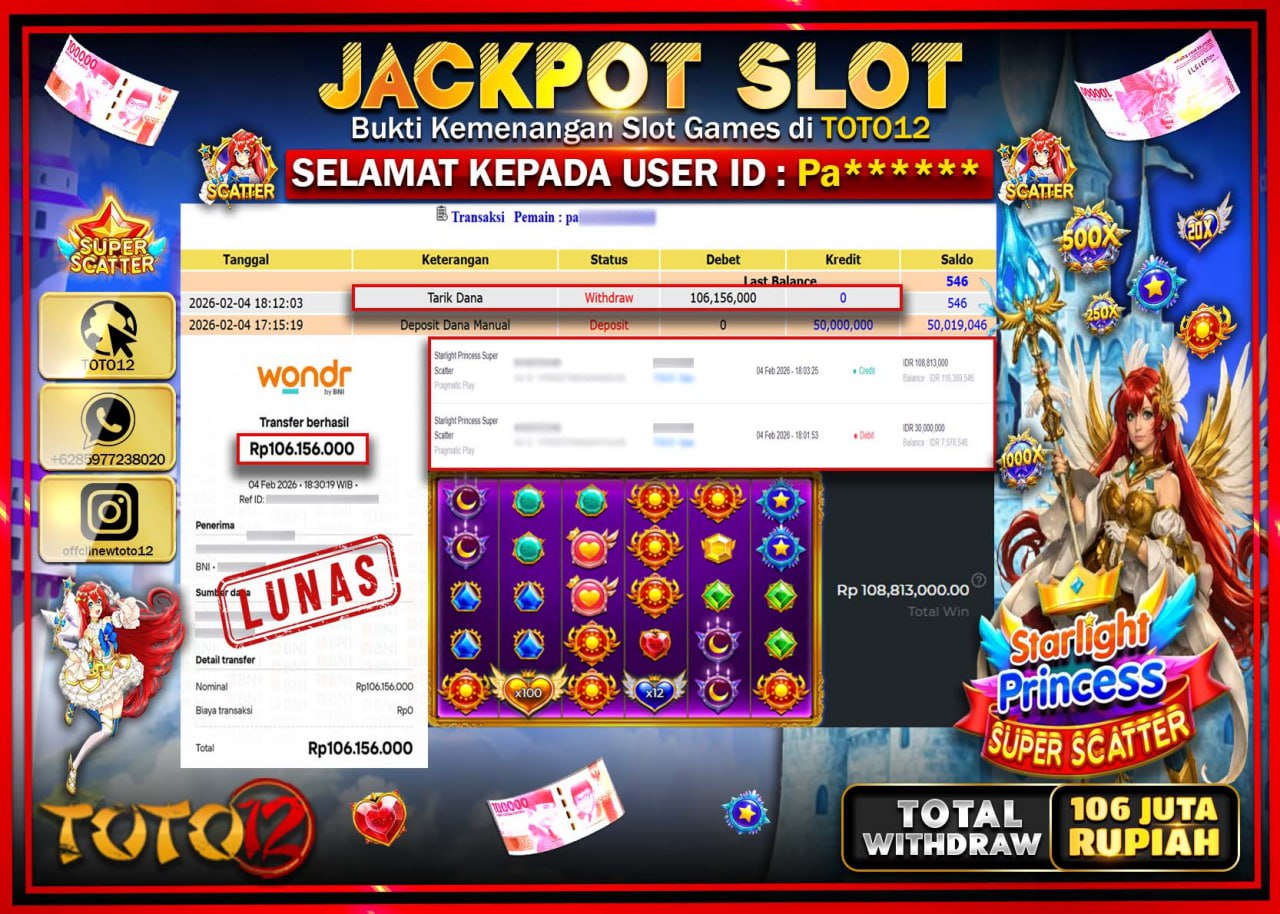 HANYA DI TOTO12 JP PASTI DI BAYAR LUNAS DAN CEPAT!!!!!! JACKPOT SLOT GAME (STARLIGHT PRINCESS SUPER SCATTER) Rp.106.156.000 !!!!