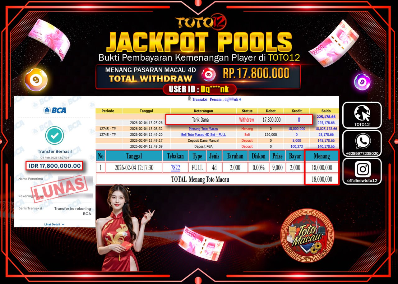 HANYA DI TOTO12 JP PASTI DI BAYAR LUNAS DAN CEPAT!!!!!! JACKPOT POOLS PASARAN (MACAU 4D) Rp.17.800.000 !!!!