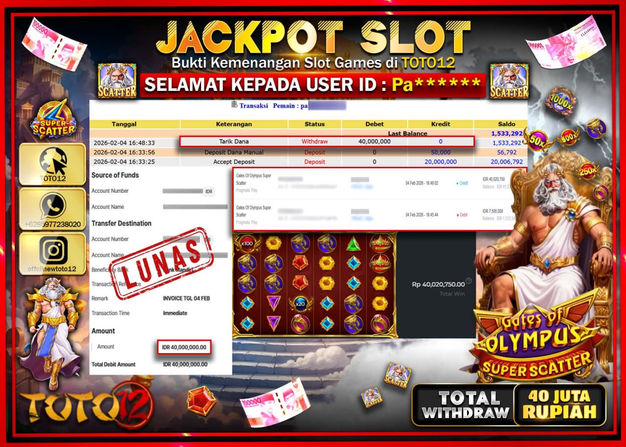 HANYA DI TOTO12 JP PASTI DI BAYAR LUNAS DAN CEPAT!!!!!! JACKPOT SLOT GAME (GATES OF OLYMPUS SUPER SCATTER) Rp.40.000.000 !!!!