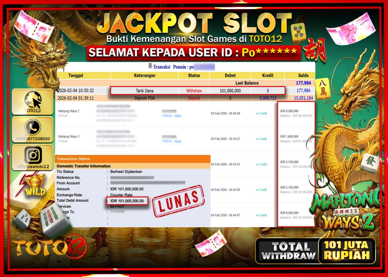 HANYA DI TOTO12 JP PASTI DI BAYAR LUNAS DAN CEPAT!!!!!! JACKPOT SLOT GAME (MAHJONG WAYS 2) Rp.101.000.000 !!!!