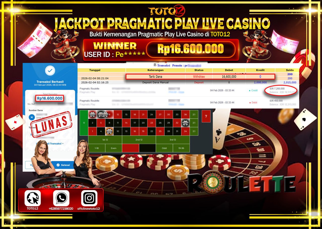 HANYA DI TOTO12 JP PASTI DI BAYAR LUNAS DAN CEPAT!!!!!! JACKPOT PRAGMATIC PLAY LIVE CASINO (ROULETTE) Rp.16.600.000 !!!!