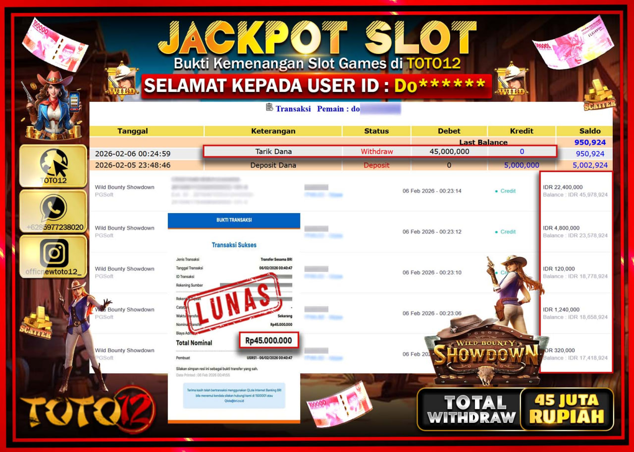 HANYA DI TOTO12 JP PASTI DI BAYAR LUNAS DAN CEPAT!!!!!! JACKPOT SLOT GAME (WILD BOUNTY SHOWDOWN) Rp.45.000.000 !!!!
