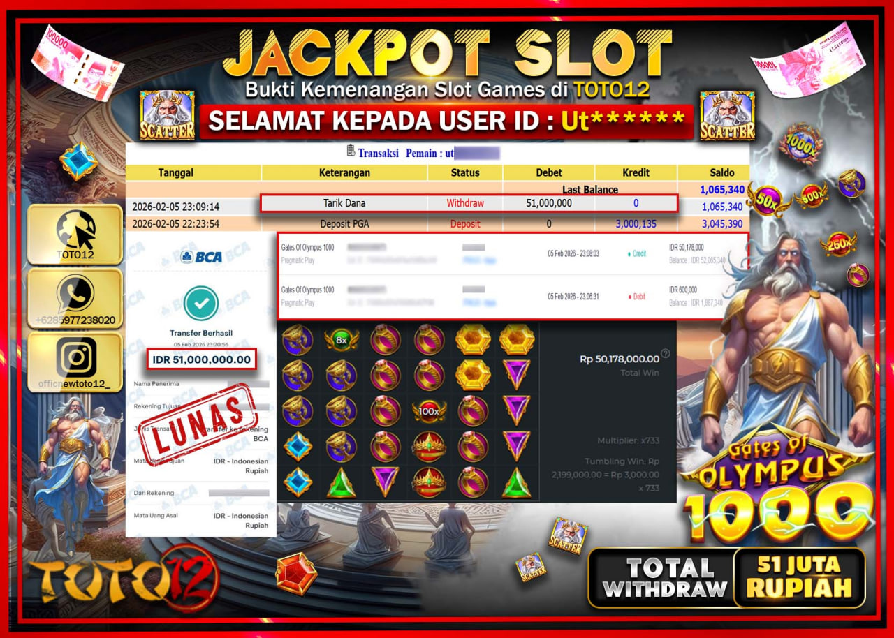HANYA DI TOTO12 JP PASTI DI BAYAR LUNAS DAN CEPAT!!!!!! JACKPOT SLOT GAME (GATES OF OLYMPUS 1000) Rp.51.000.000 !!!!