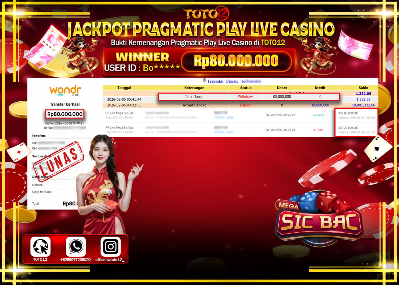 HANYA DI TOTO12 JP PASTI DI BAYAR LUNAS DAN CEPAT!!!!!! JACKPOT PRAGMATIC PLAY LIVE CASINO (MEGA SIC BAC) Rp.80.000.000 !!!!