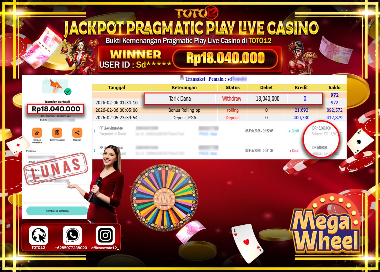 HANYA DI TOTO12 JP PASTI DI BAYAR LUNAS DAN CEPAT!!!!!! JACKPOT PRAGMATIC PLAY LIVE CASINO (MEGA WHEEL) Rp.18.040.000 !!!!