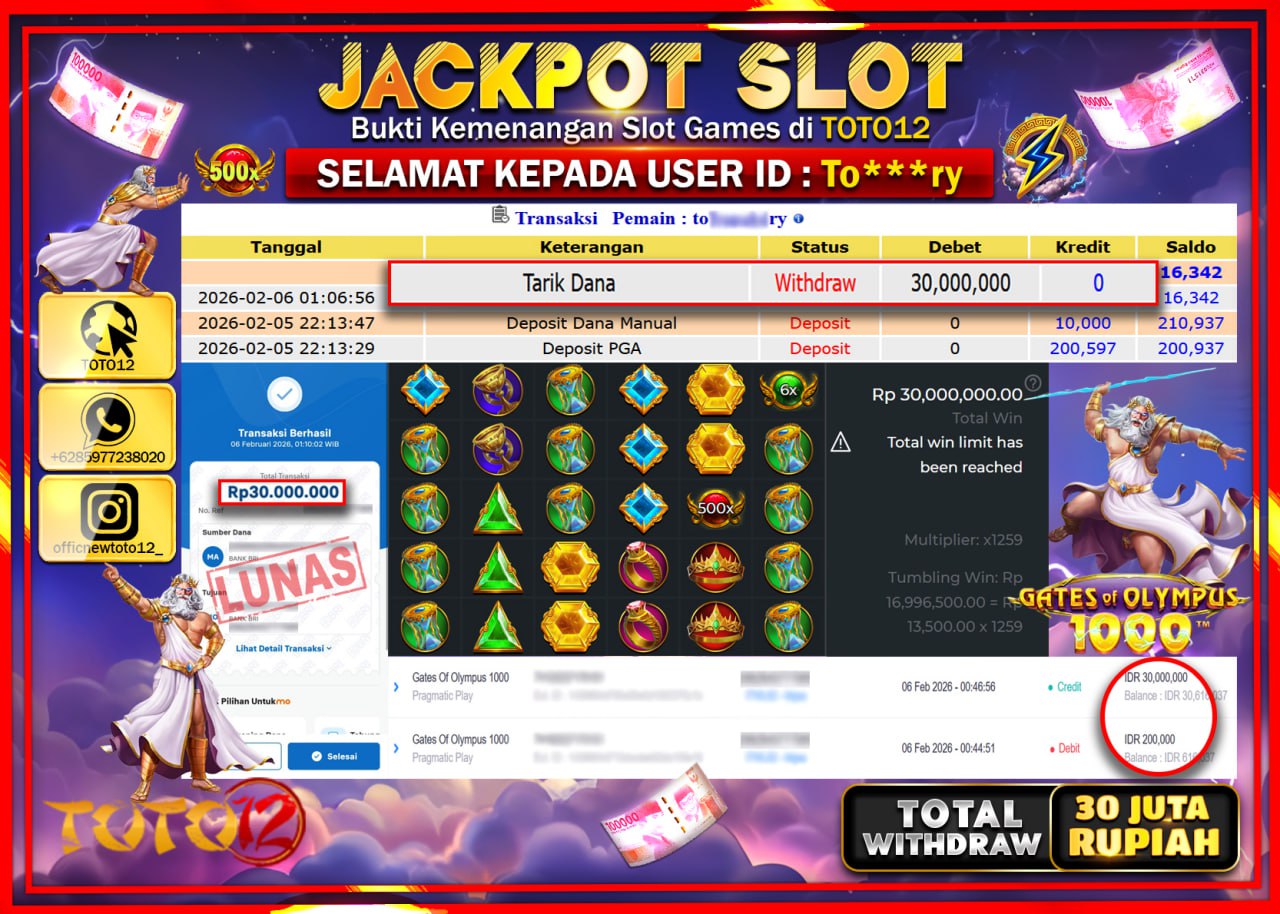 HANYA DI TOTO12 JP PASTI DI BAYAR LUNAS DAN CEPAT!!!!!! JACKPOT SLOT GAME (GATES OF OLYMPUS 1000) Rp.30.000.000 !!!!