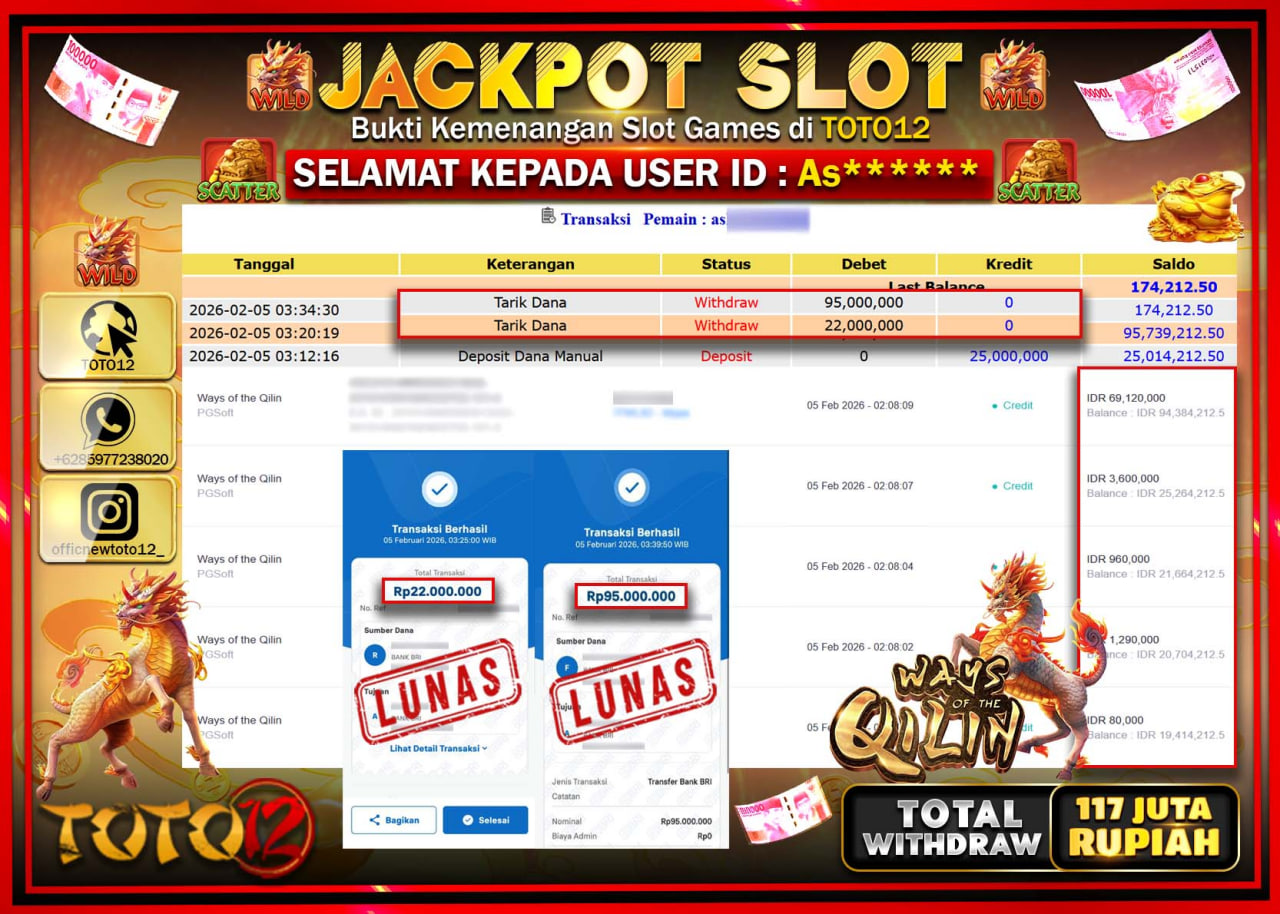 HANYA DI TOTO12 JP PASTI DI BAYAR LUNAS DAN CEPAT!!!!!! JACKPOT SLOT GAME (WAYS OF THE QILIN) Rp.117.000.000 !!!!