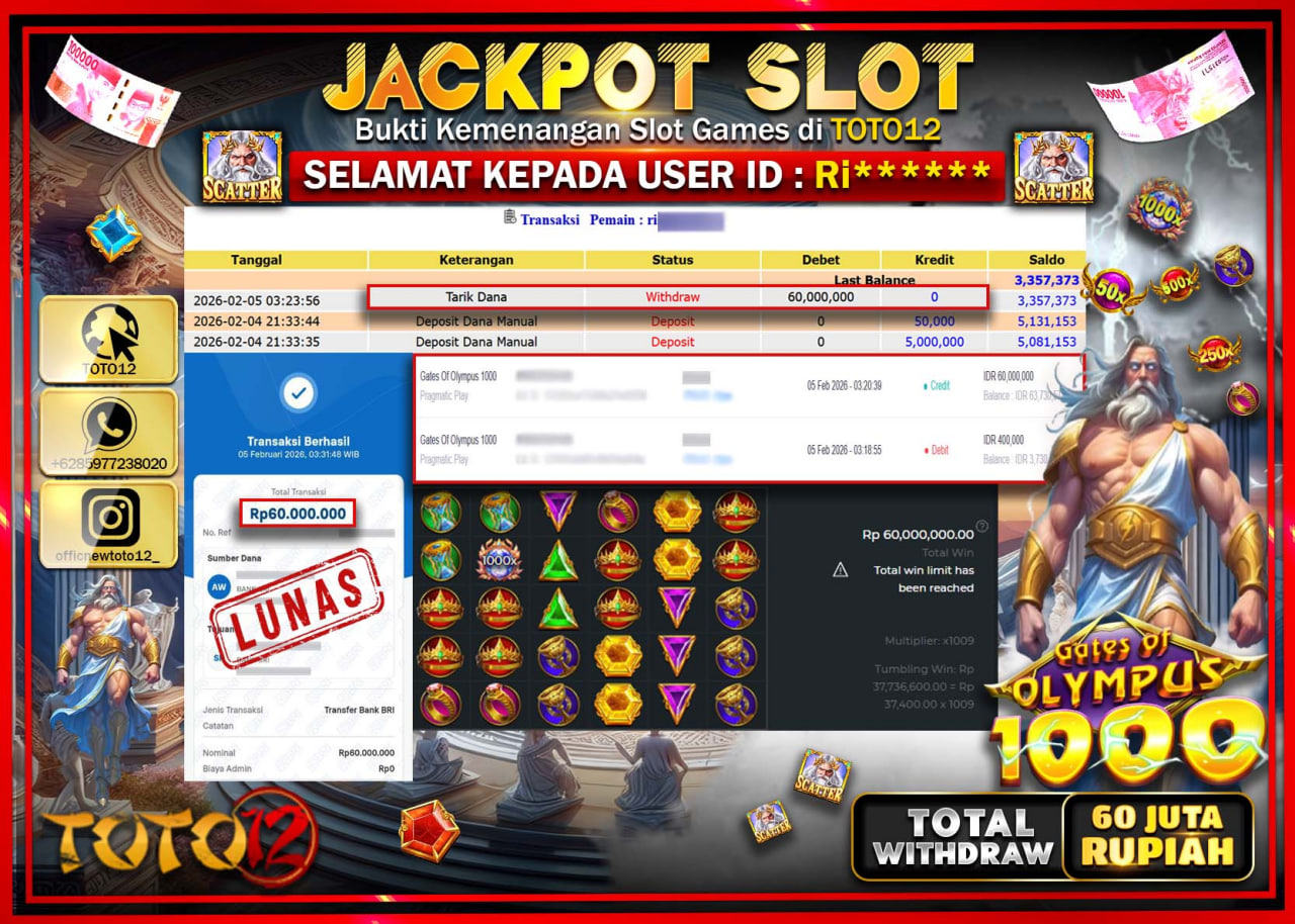 HANYA DI TOTO12 JP PASTI DI BAYAR LUNAS DAN CEPAT!!!!!! JACKPOT SLOT GAME (GATES OF OLYMPUS 1000) Rp.60.000.000 !!!!