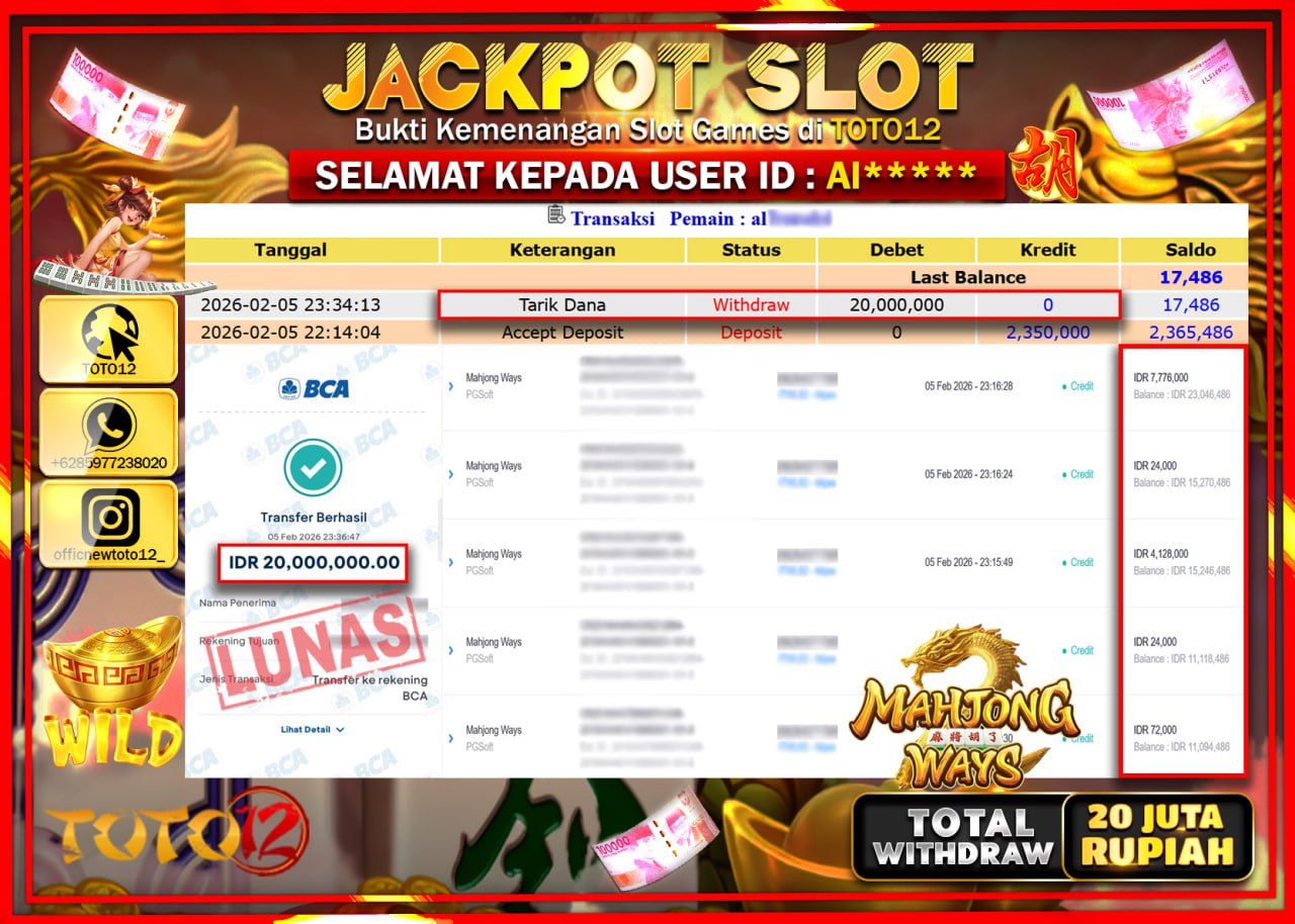 HANYA DI TOTO12 JP PASTI DI BAYAR LUNAS DAN CEPAT!!!!!! JACKPOT SLOT GAME (MAHJONG WAYS) Rp.20.000.000 !!!!