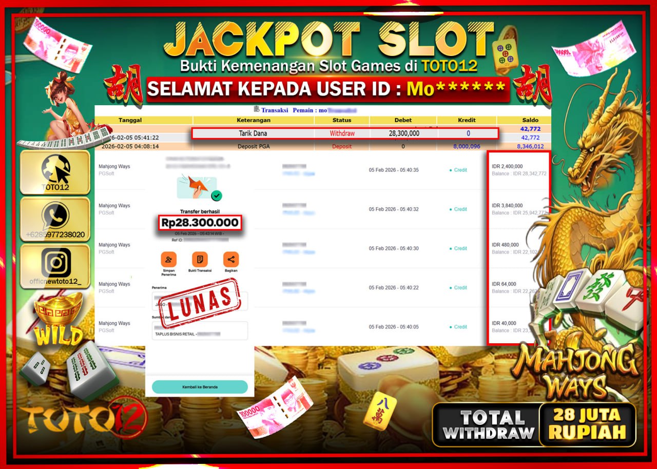 HANYA DI TOTO12 JP PASTI DI BAYAR LUNAS DAN CEPAT!!!!!! JACKPOT SLOT GAME (MAHJONG WAYS) Rp.28.300.000 !!!!