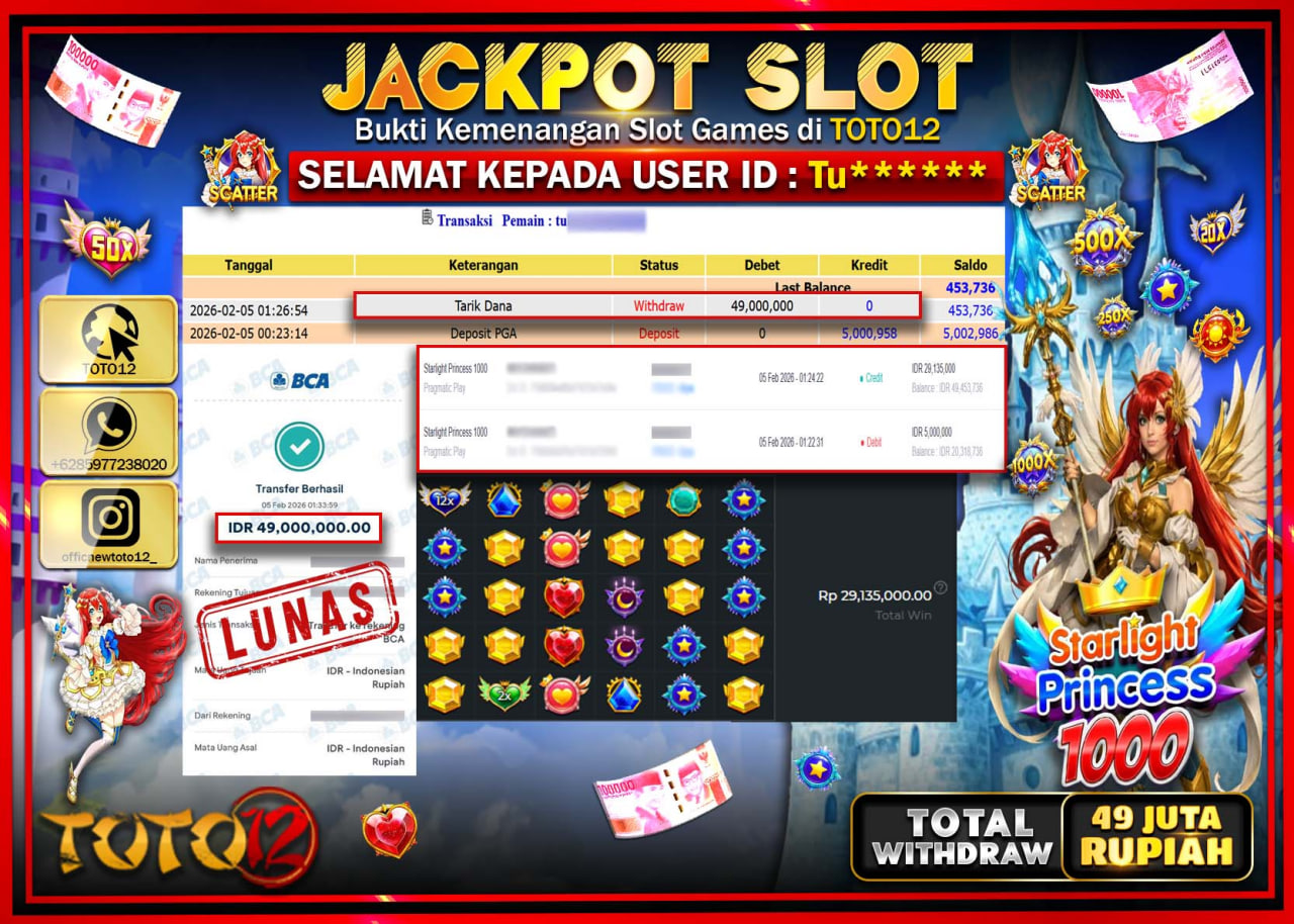 HANYA DI TOTO12 JP PASTI DI BAYAR LUNAS DAN CEPAT!!!!!! JACKPOT SLOT GAME (STARLIGHT PRINCESS 1000) Rp.49.000.000 !!!!
