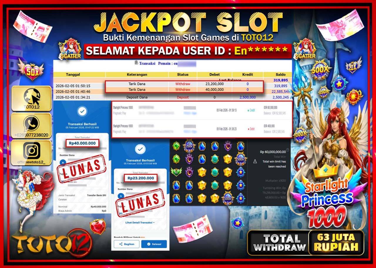 HANYA DI TOTO12 JP PASTI DI BAYAR LUNAS DAN CEPAT!!!!!! JACKPOT SLOT GAME (STARLIGHT PRINCESS 1000) Rp.63.200.000 !!!!