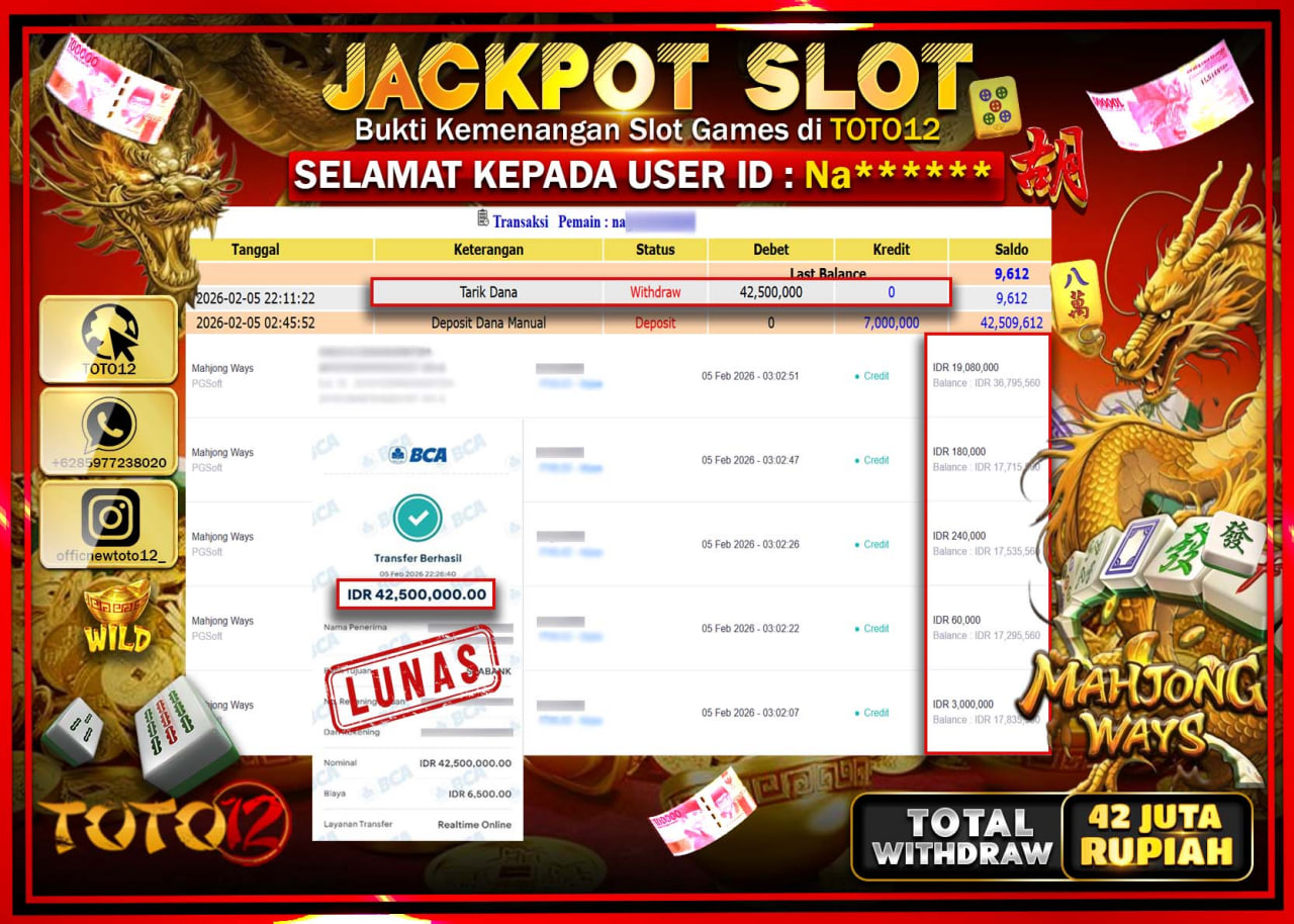 HANYA DI TOTO12 JP PASTI DI BAYAR LUNAS DAN CEPAT!!!!!! JACKPOT SLOT GAME (MAHJONG WAYS) Rp.42.500.000 !!!!