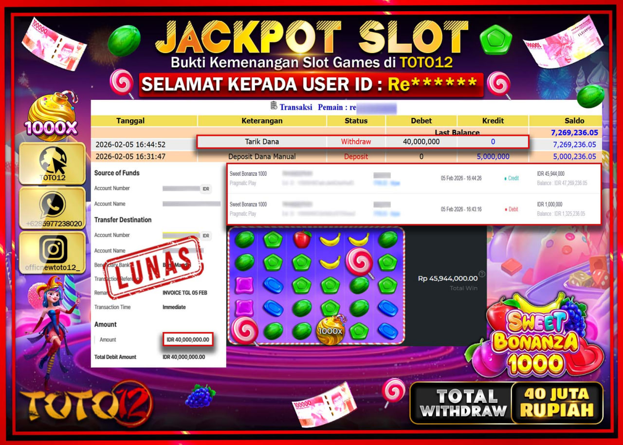 HANYA DI TOTO12 JP PASTI DI BAYAR LUNAS DAN CEPAT!!!!!! JACKPOT SLOT GAME (SWEET BONANZA 1000) Rp.40.000.000 !!!!