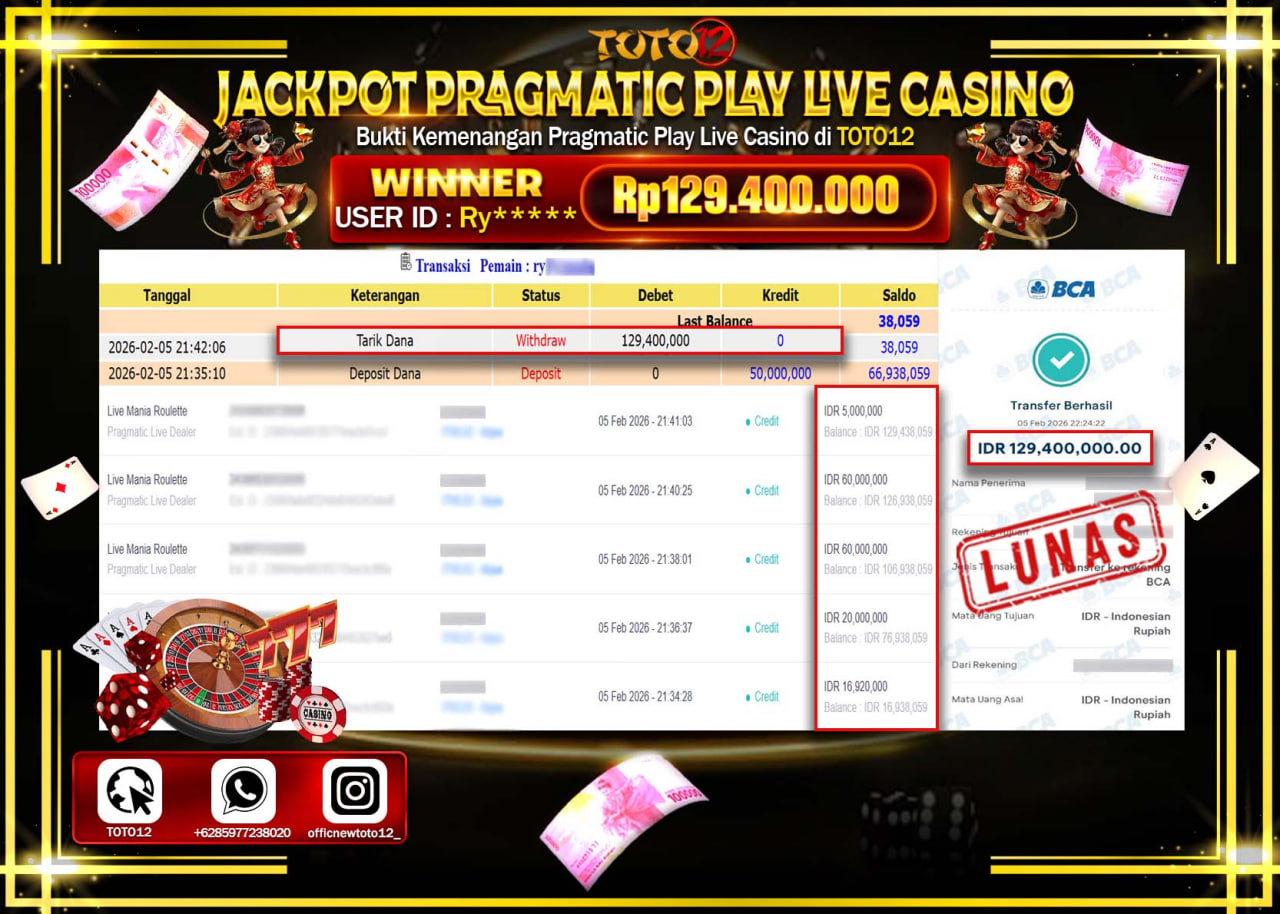 HANYA DI TOTO12 JP PASTI DI BAYAR LUNAS DAN CEPAT!!!!!! JACKPOT PRAGMATIC PLAY LIVE CASINO (MANIA ROULETTE) Rp.129.400.000 !!!!