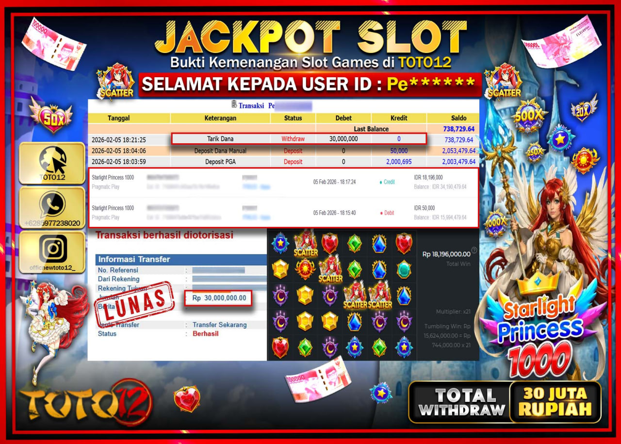 HANYA DI TOTO12 JP PASTI DI BAYAR LUNAS DAN CEPAT!!!!!! JACKPOT SLOT GAME (STARLIGHT PRINCESS 1000) Rp.30.000.000 !!!!