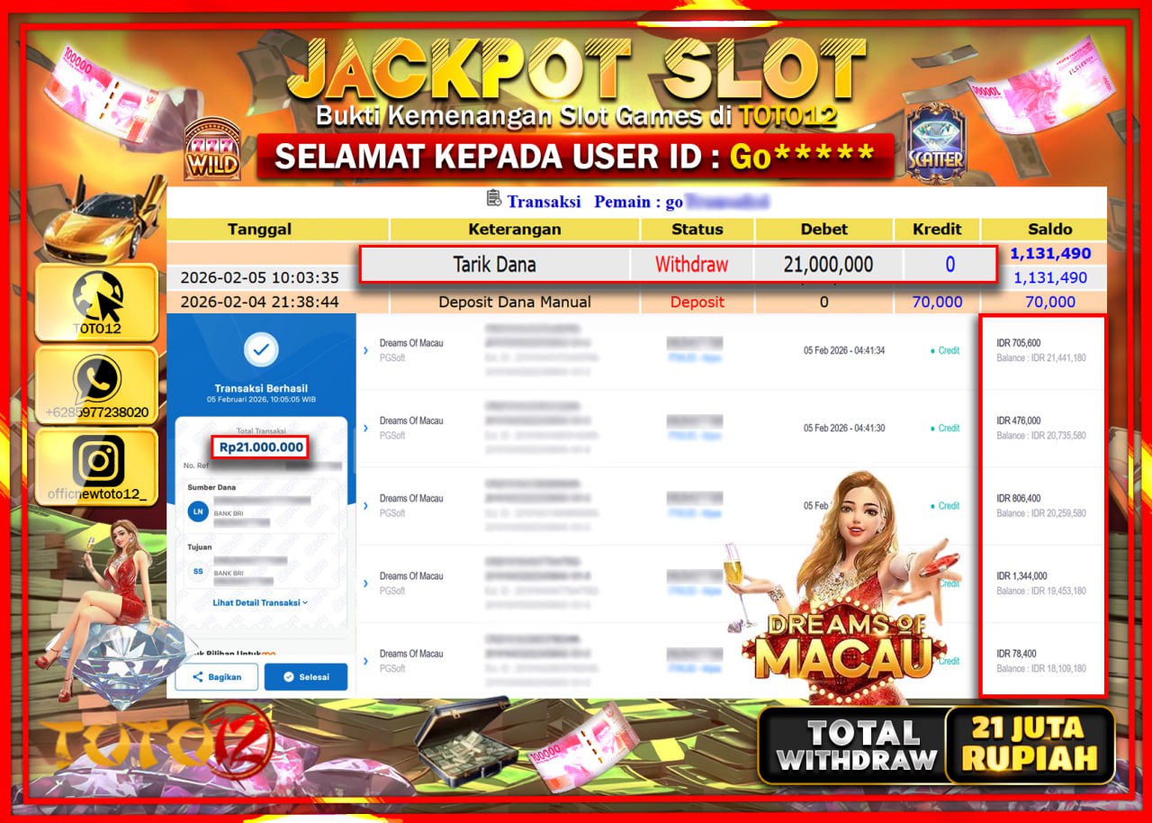 HANYA DI TOTO12 JP PASTI DI BAYAR LUNAS DAN CEPAT!!!!!! JACKPOT SLOT GAME (DREAMS OF MACAU) Rp.21.000.000 !!!!